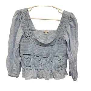 American Eagle Blue Smocked Crochet Long Sleeve Top Size M